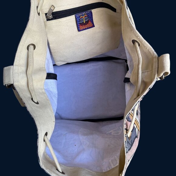 Laurel Burch Canvas Shoulder Tote BUcket Bag Purse Tribal Animal Bamboo Handle - Picture 9 of 9